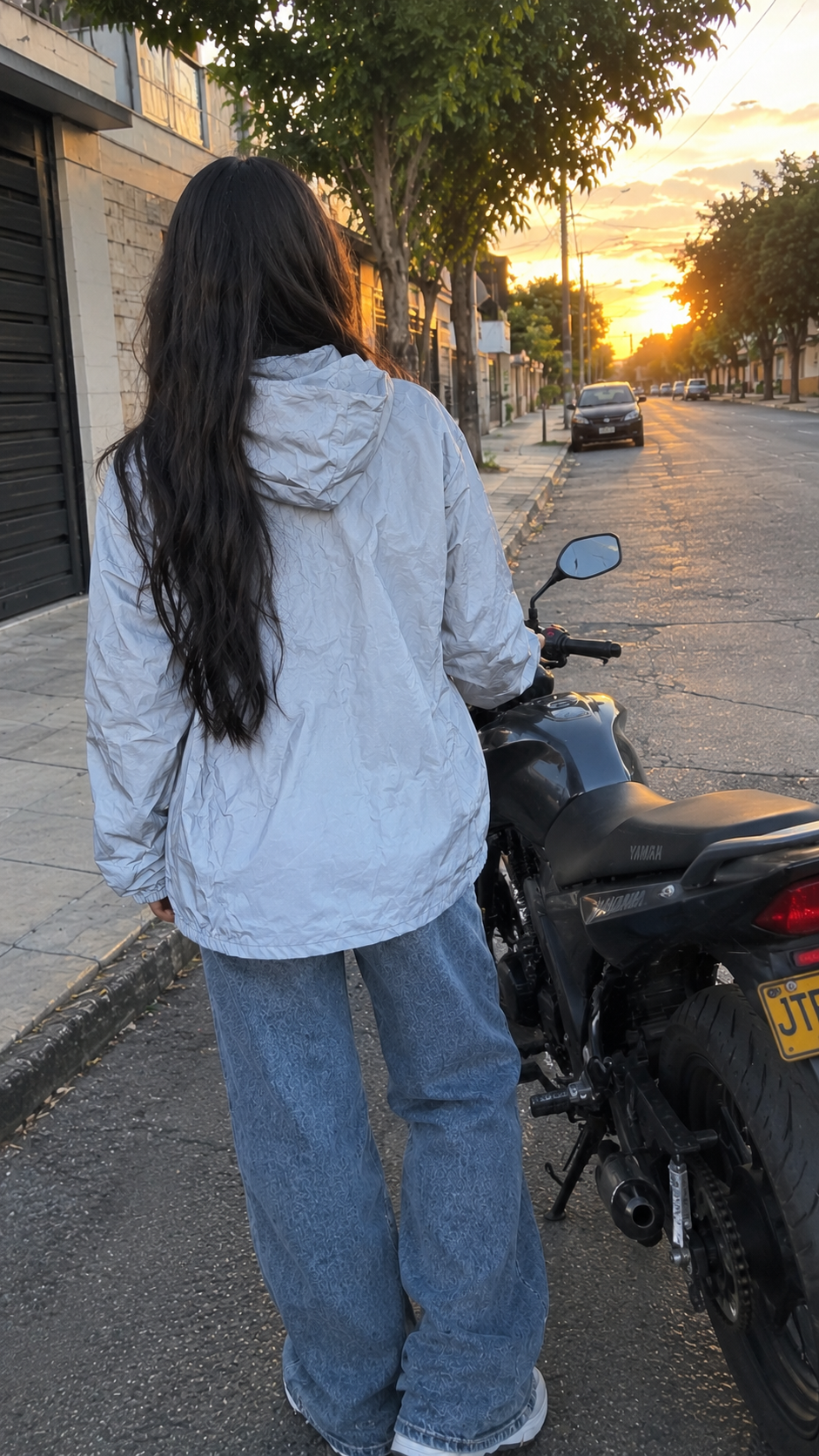 Chaqueta gris reflectiva al atardecer junto a la moto