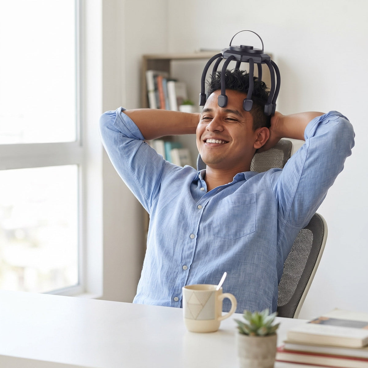 Hombre relajado usando el masajeador en una pausa de trabajo