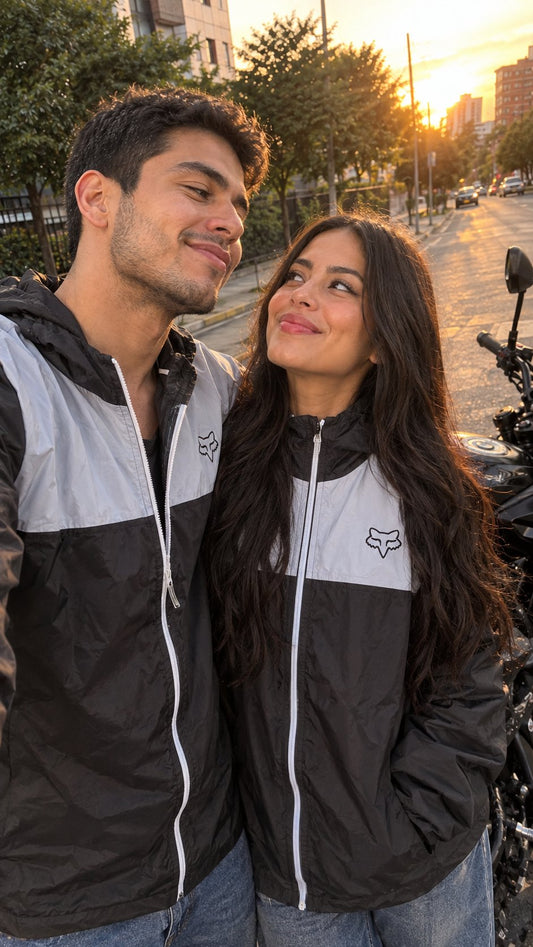 Pareja con chaquetas cortavientos negras con reflectivo