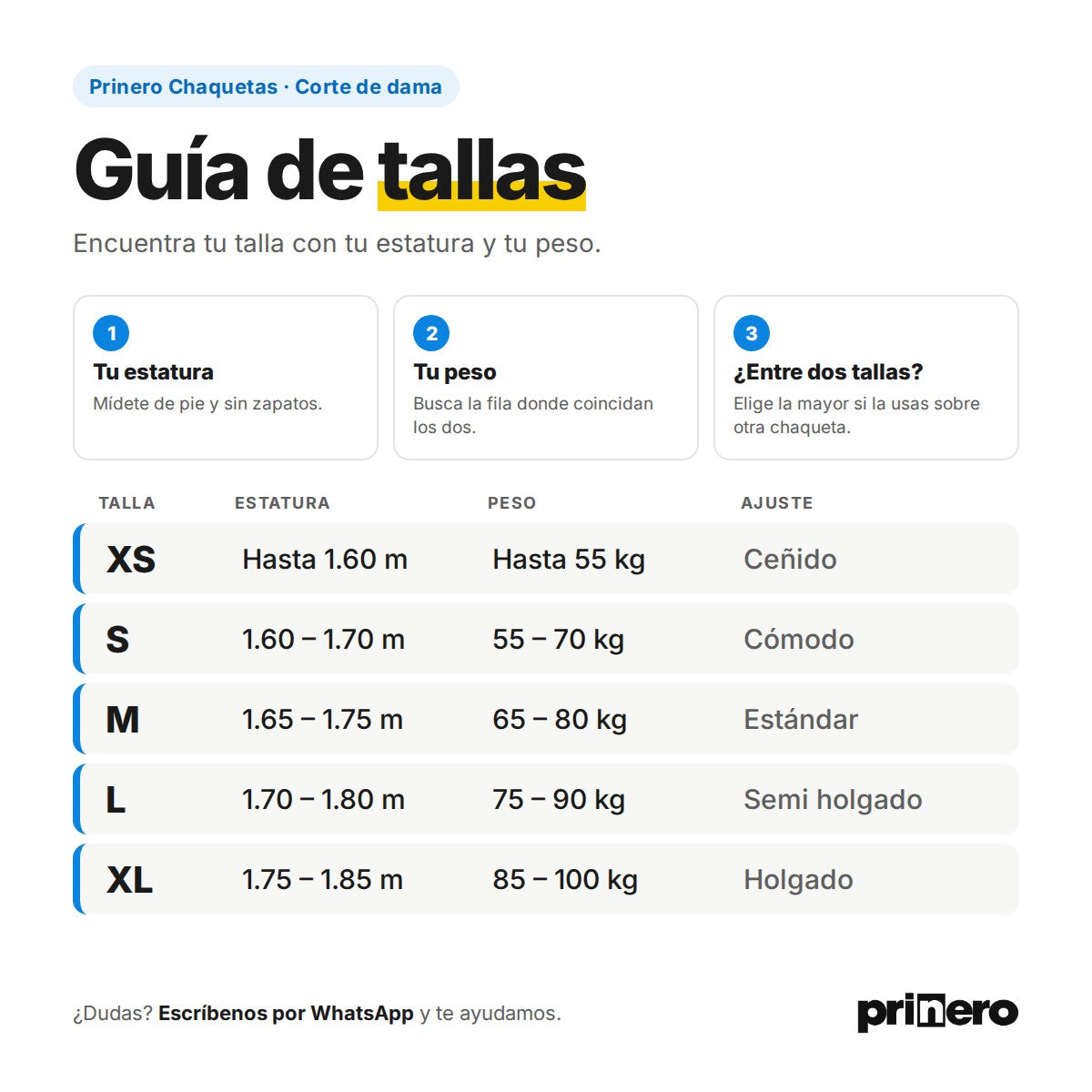 Guía de tallas de dama: talla según estatura y peso (XS a XL)
