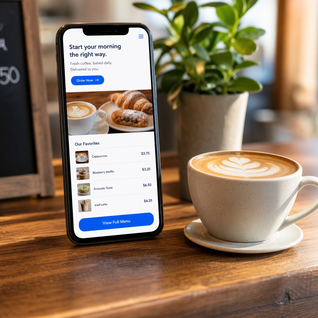 Tienda sencilla para cafetería vista en el móvil