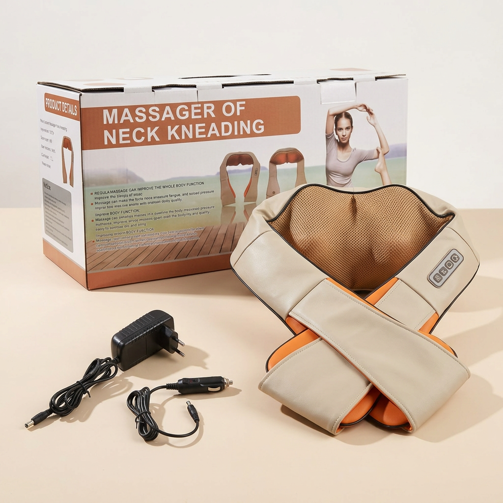 Qué incluye: masajeador cervical, caja, adaptador de casa y cargador para el carro