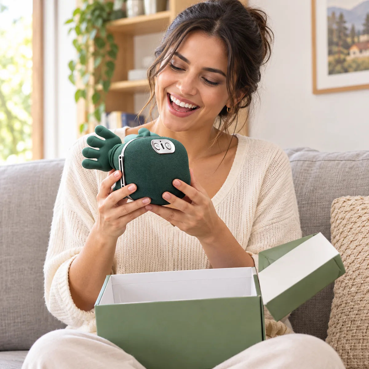 Mujer feliz estrenando su masajeador
